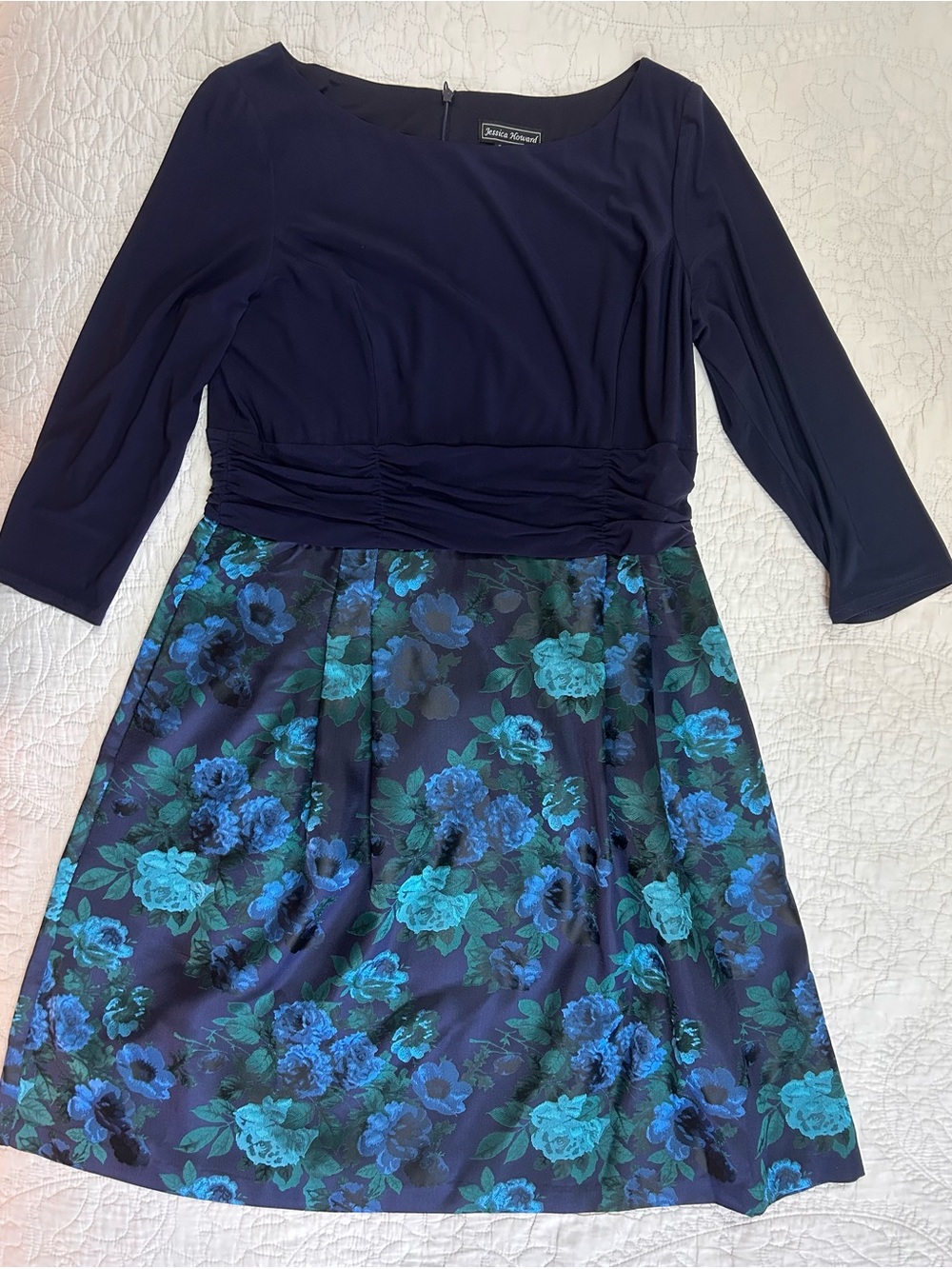 Jessica Howard Navy Blue Floral Fit & Flare Dress Size 16 - Picture 2 of 10